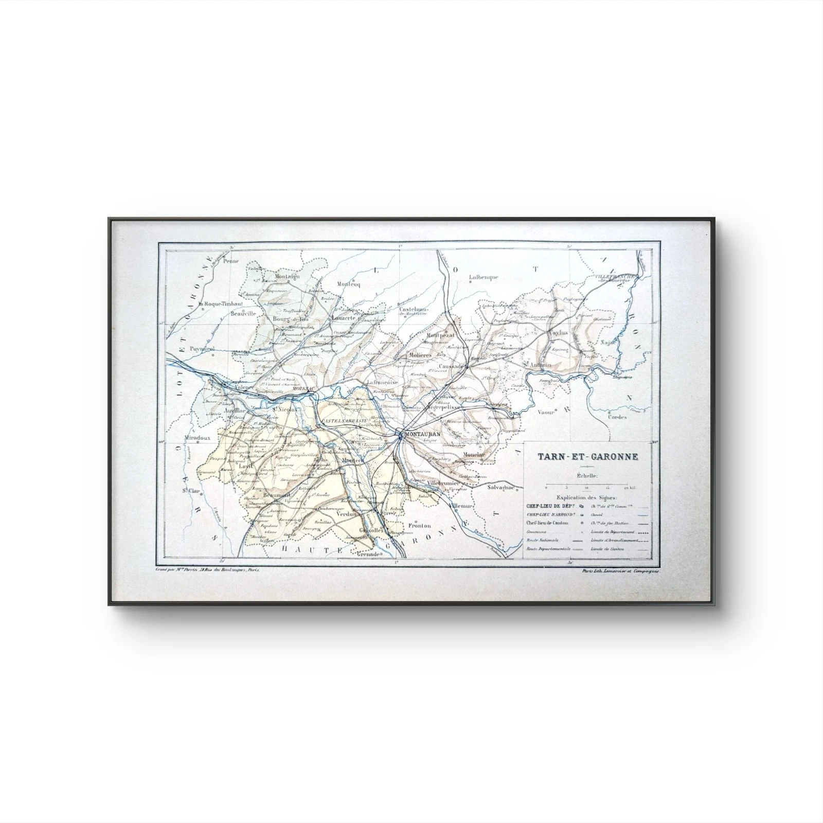 Imprimée en 1889, Tarn-et-Garonne, carte antiga. – photo 6